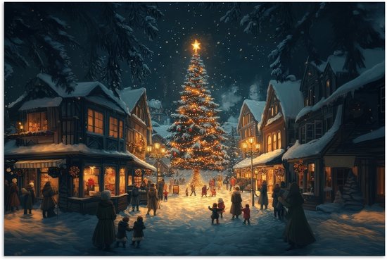 Poster 30x20 cm - Kerstfeest - Dorp - Donker - Posters - Kamer decoratie - Wanddecoratie woonkamer - Muurdecoratie slaapkamer - Kerstversiering - Kerstdecoratie voor binnen - Kerstmis