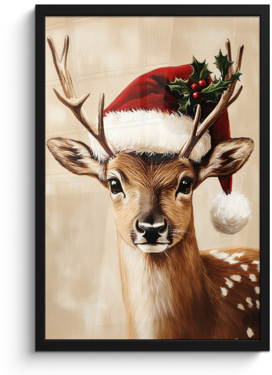 FrameYourWall Poster in lijst - Fotolijst 40x60 cm - Posters - Kerst - Hert - Gewei - Rood - Posterlijst zwart - Decoratie - Wanddecoratie woonkamer - Muurdecoratie slaapkamer - Kerstversiering - Kerstdecoratie voor binnen - Kerstmis