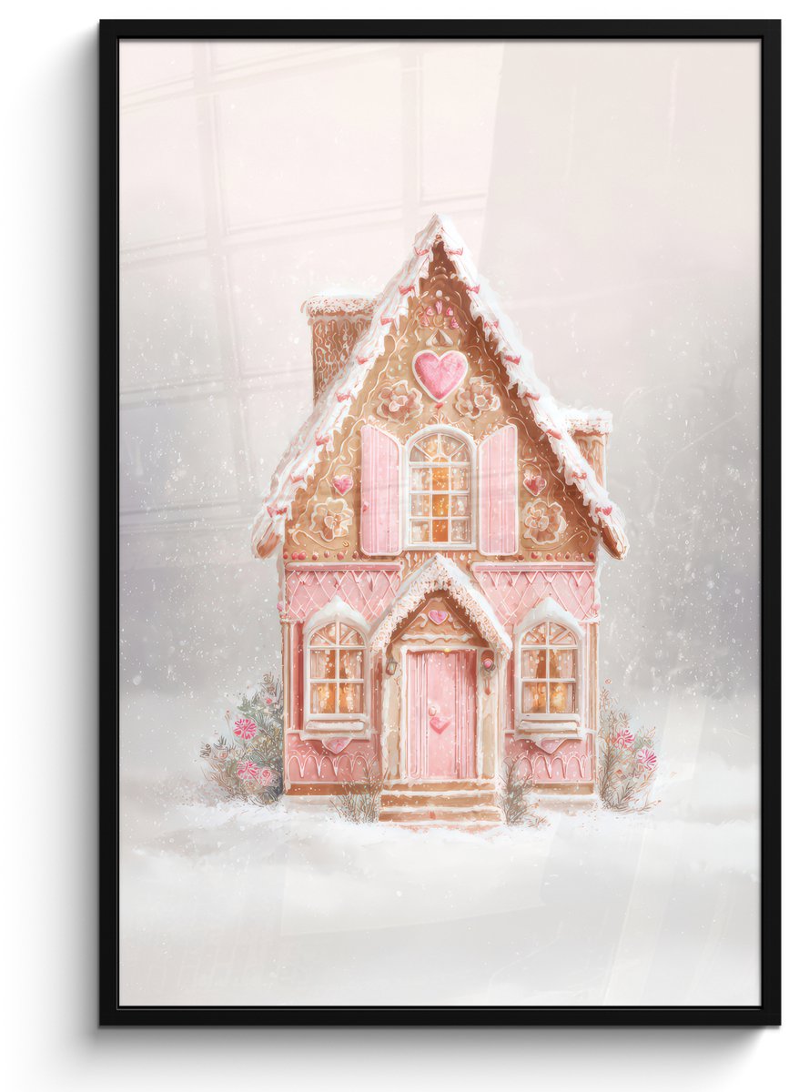 FrameYourWall Poster in lijst - Fotolijst 80x120 cm - Posters - Huisje - Suiker - Pastel - Posterlijst zwart - Decoratie - Wanddecoratie woonkamer - Muurdecoratie slaapkamer - Kerstversiering - Kerstdecoratie voor binnen - Kerstmis