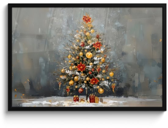 Poster in lijst - Fotolijst 90x60 cm - Posters - Kerstboom - Cadeaus - Rood - Goud - Posterlijst zwart - Decoratie - Wanddecoratie woonkamer - Muurdecoratie slaapkamer - Kerstversiering - Kerstdecoratie voor binnen - Kerstmis