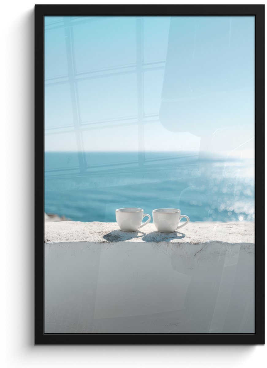 FrameYourWall Poster in lijst - Fotolijst 40x60 cm - Posters - Zee - Koffiekopjes - Zomers - Posterlijst zwart - Decoratie - Wanddecoratie woonkamer - Muurdecoratie slaapkamer