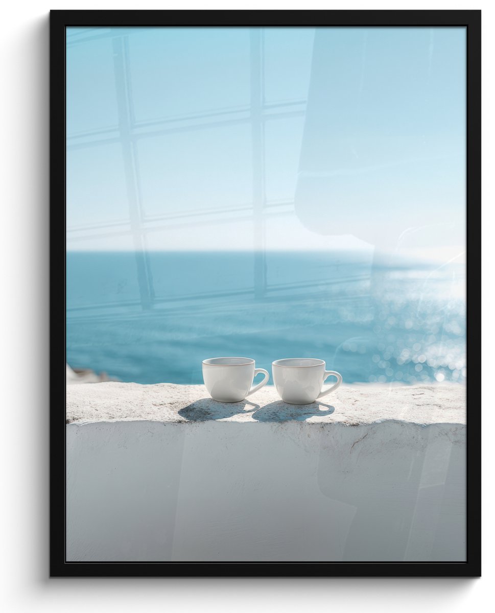 FrameYourWall Poster in lijst - Fotolijst 60x80 cm - Posters - Zee - Koffiekopjes - Zomers - Posterlijst zwart - Decoratie - Wanddecoratie woonkamer - Muurdecoratie slaapkamer