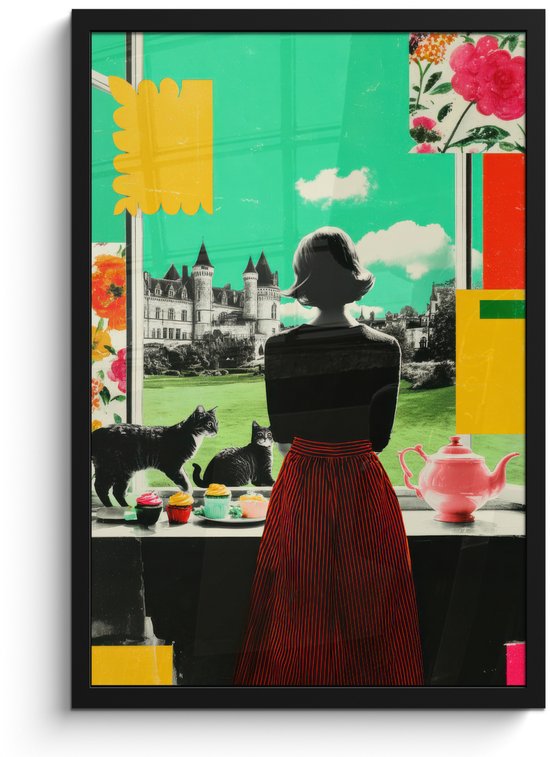 Poster in lijst - Fotolijst 40x60 cm - Posters - Vrouw - Keuken - Katten - Doorkijk - Posterlijst zwart - Decoratie - Wanddecoratie woonkamer - Muurdecoratie slaapkamer