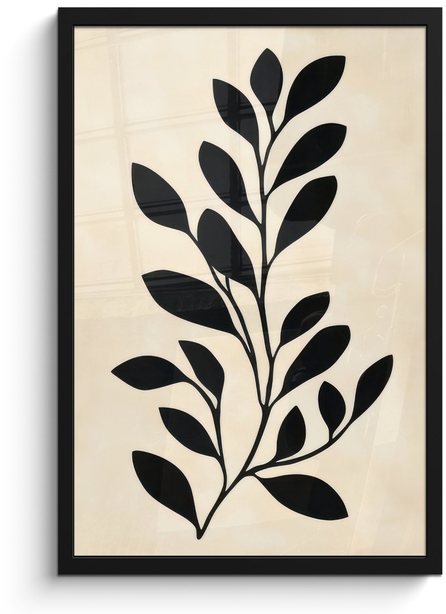 FrameYourWall Poster in lijst - Fotolijst 40x60 cm - Posters - Minimalistisch - Tak - Bladeren - Zwart - Posterlijst zwart - Decoratie - Wanddecoratie woonkamer - Muurdecoratie slaapkamer