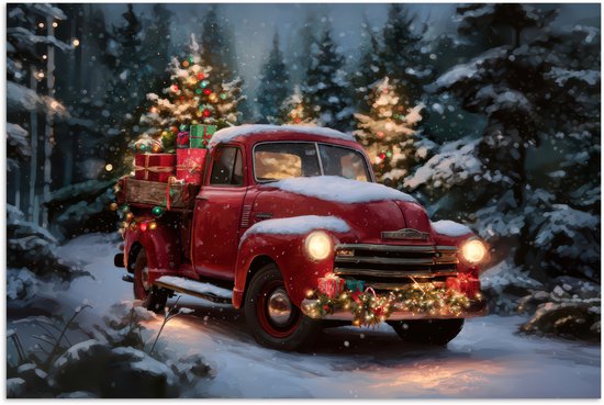 Poster 120x80 cm - Kersttruck - Sneeuwbos - Rood - Posters - Kamer decoratie - Wanddecoratie woonkamer - Muurdecoratie slaapkamer - Kerstversiering - Kerstdecoratie voor binnen - Kerstmis