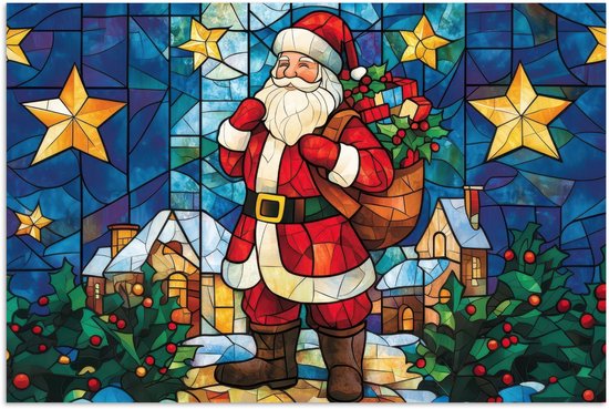 Poster 30x20 cm - Kerstman - Glas - Kleurrijk - Posters - Kamer decoratie - Wanddecoratie woonkamer - Muurdecoratie slaapkamer - Kerstversiering - Kerstdecoratie voor binnen - Kerstmis