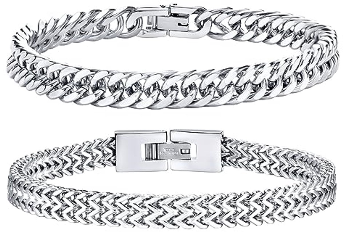 Cubaanse schakelarmband voor heren in roestvrij staal - 2 stuks - 8 mm breed - Goud-Zwart-Zilver
