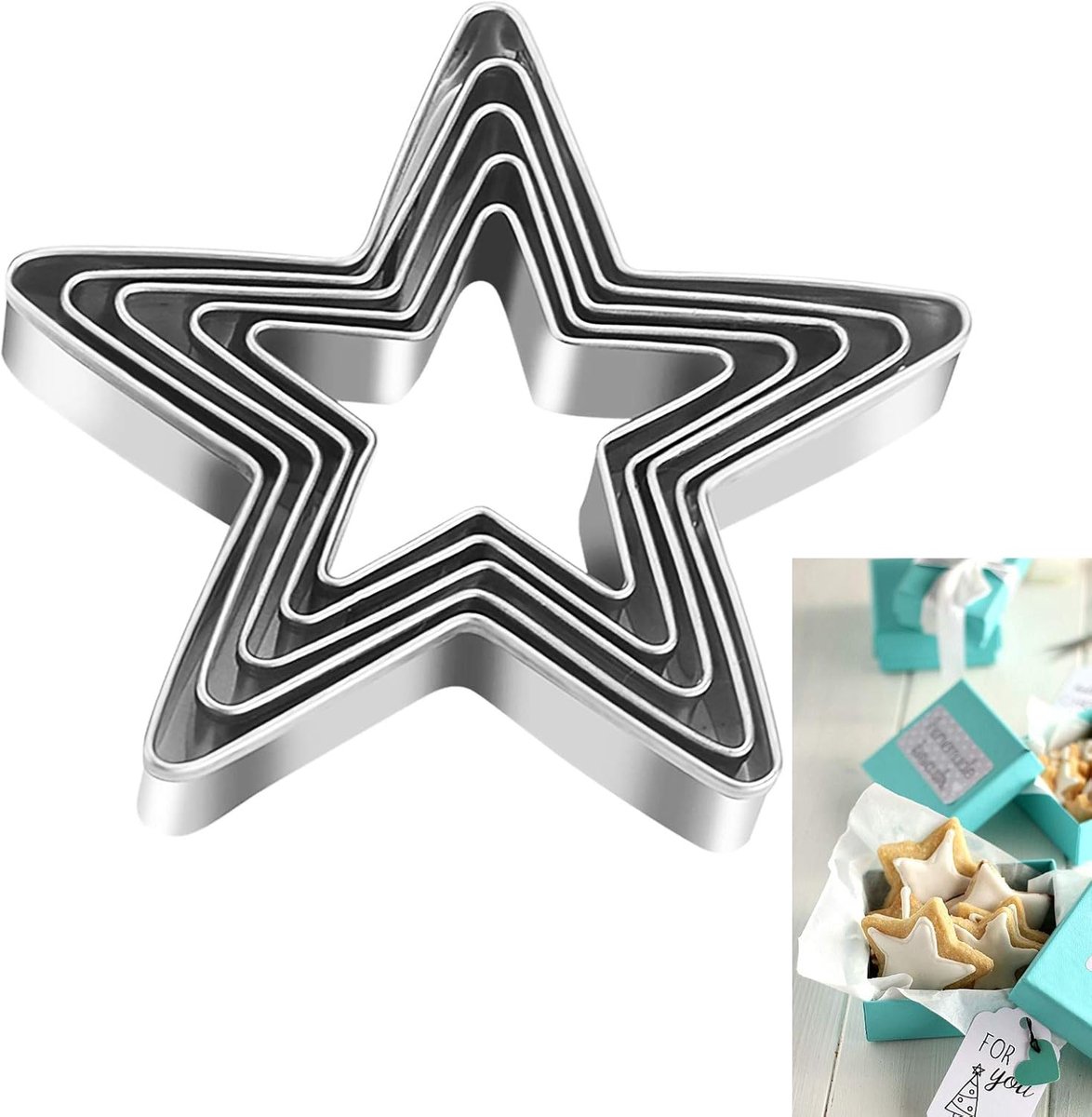 Daity 5-delige stervormige kerstkoekjesvormpjes - roestvrijstalen bakgereedschap voor suiker - peperkoek en macarons - gemakkelijk schoon te maken - feestjes en cadeaus - ideaal voor thuis- en professionele keukens (stervorm)