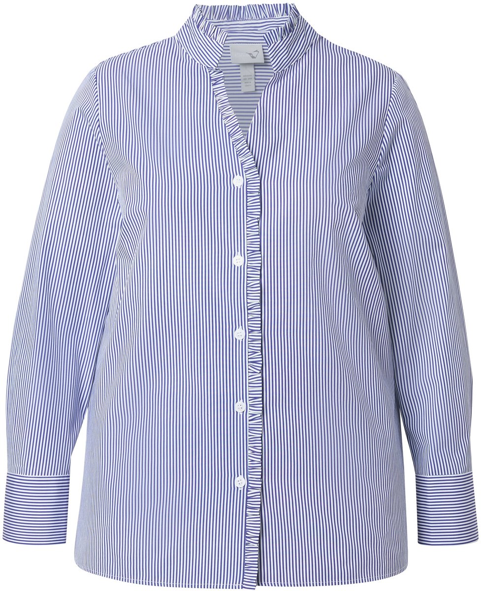 Ulla Popken - Dames - Gestreepte blouse volant opstaande kraag lange mouw - Purper - Maat 42+