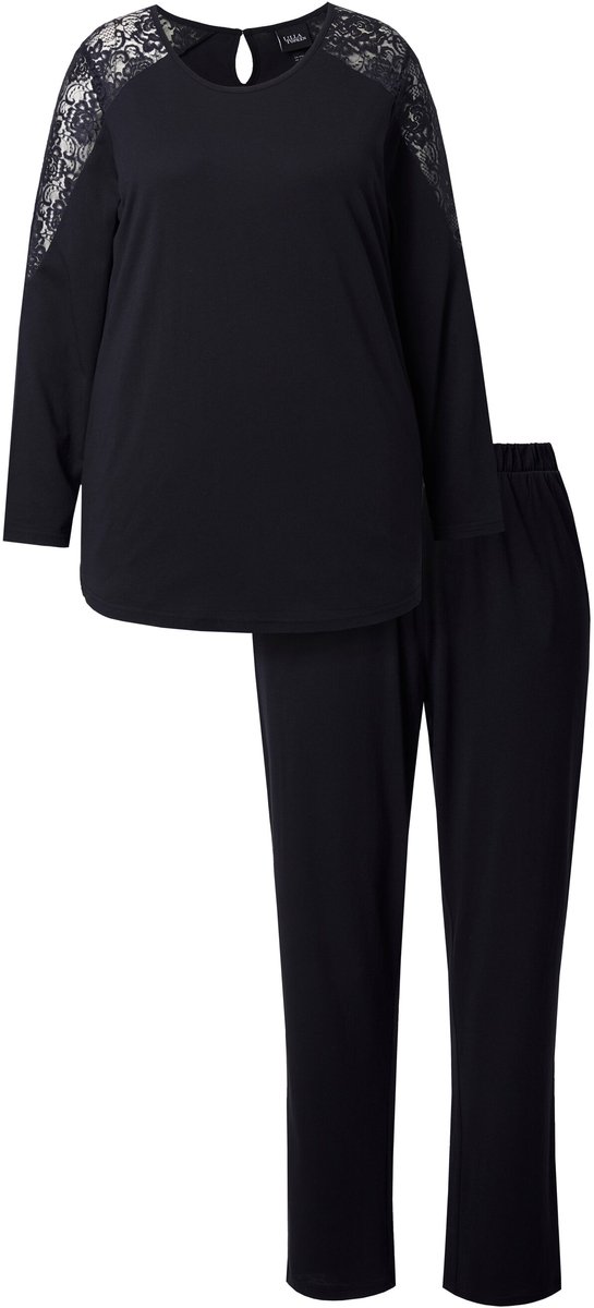 Ulla Popken Dames - Pyjama kant ronde hals lange mouwen modalmix - Zwart - Maat 54+