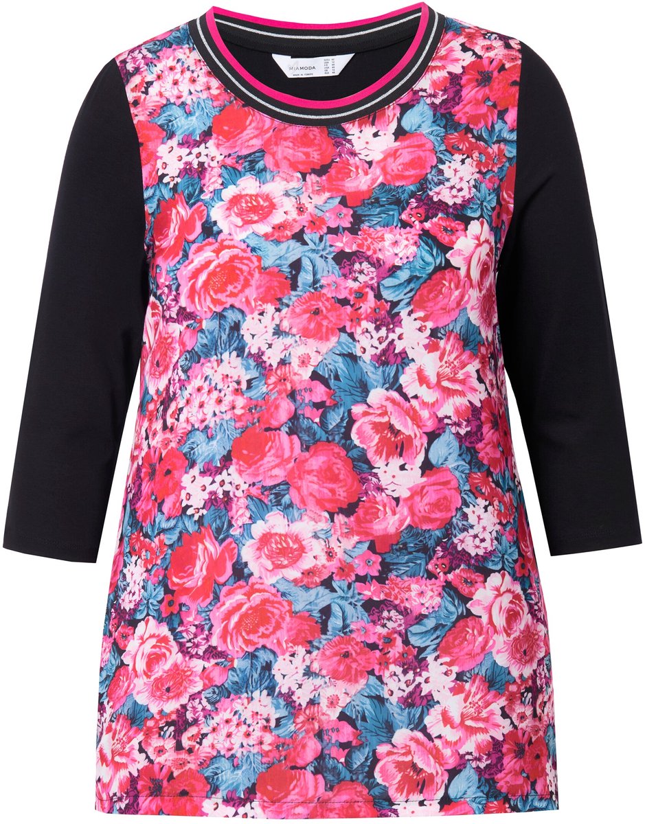 MIAMODA - Dames - Overhemdblouse satijn met bloemenmotief jersey achterpand - Hibiscusrood - Maat 44