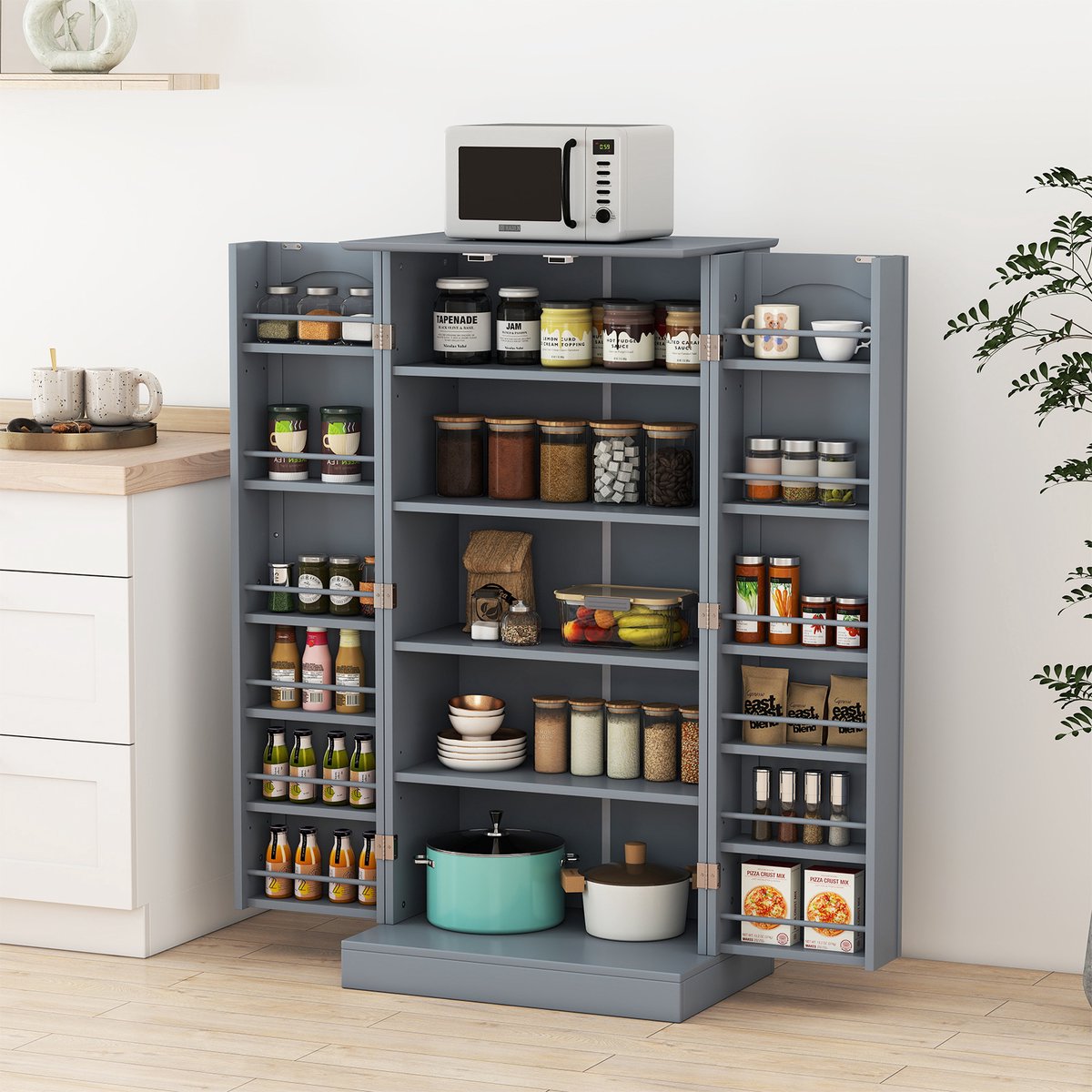 COSTWAY Keukenkast, opbergkast, opbergkast met 2 deuren en 6 verstelbare planken, multifunctionele kast voor keuken, woonkamer, eetkamer, 60 x 40 x 120 cm (grijs) — cadeau in Cadeau-ideeën - foto 4