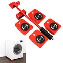 Rode meubelroller set met hefstang en vier rollers met 360° pijlen, naast een witte wasmachine.