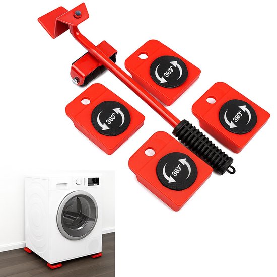 Rode meubelroller set met hefstang en vier rollers met 360° pijlen, naast een witte wasmachine.
