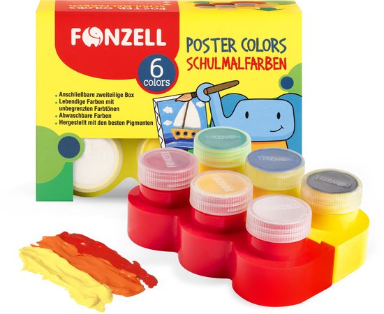 Fonzell Plakkaatverf 6 kleuren set met rode en gele houder, met verfstrepen.