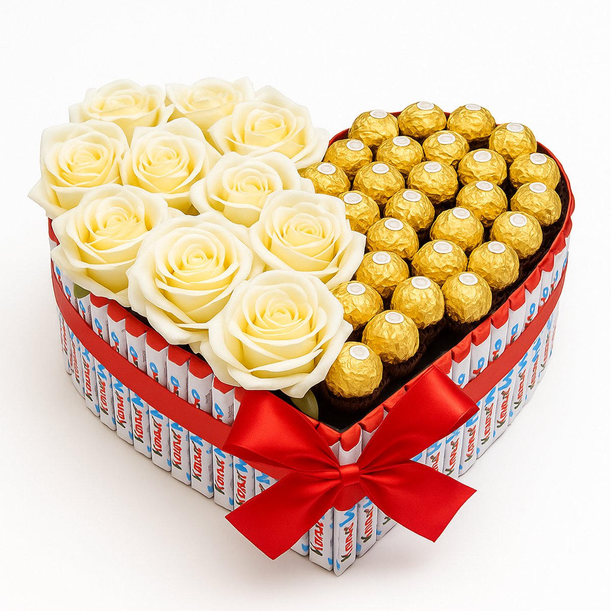 Hartvormige Ferrero Rocher & Witte Rozen Snoeptaart – Luxe Geschenk - valentijn - moederdag