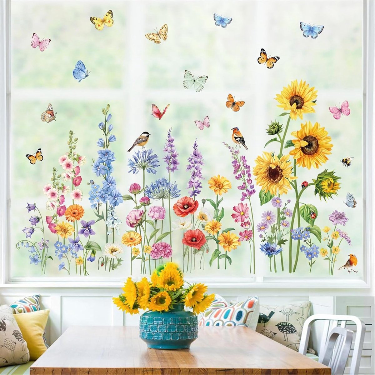 Raamsticker, lente, zomer, tuin, bloem, dubbelzijdig, veldbloem, zonnebloem, vlinder, tegen botsingen, glas, venster, deuren