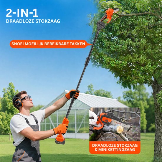 White-Label® Telescopische Snoeischaar - Mini Kettingzaag - Heggenschaar - Takkenschaar - Takkenzaag - Elektrische Snoeizaag met Accu - Zwart en Oranje van White-Label® — afbeelding 3