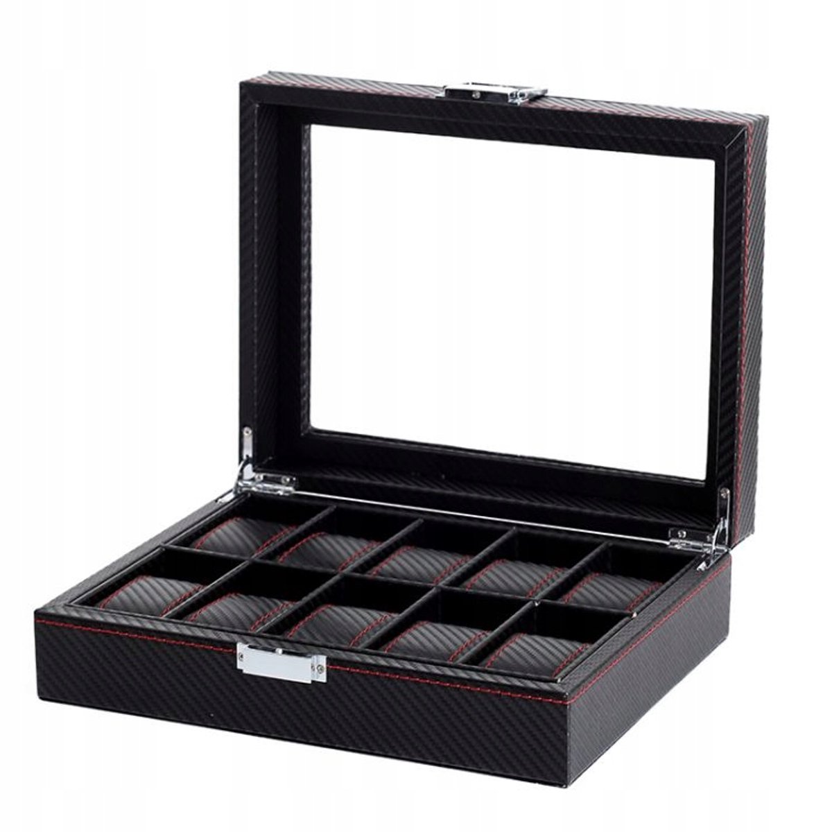 Elegante Zwarte Horlogedoos voor 10 Horloges met Rode Afwerking