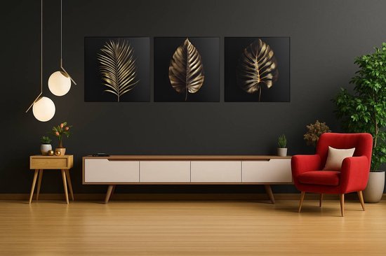 Triptyque Feuilles Dorées – Peinture sur Toile – Décoration murale Élégante – Art Moderne 3 Pièces – Intérieur de Luxe – 3x60x60 cm