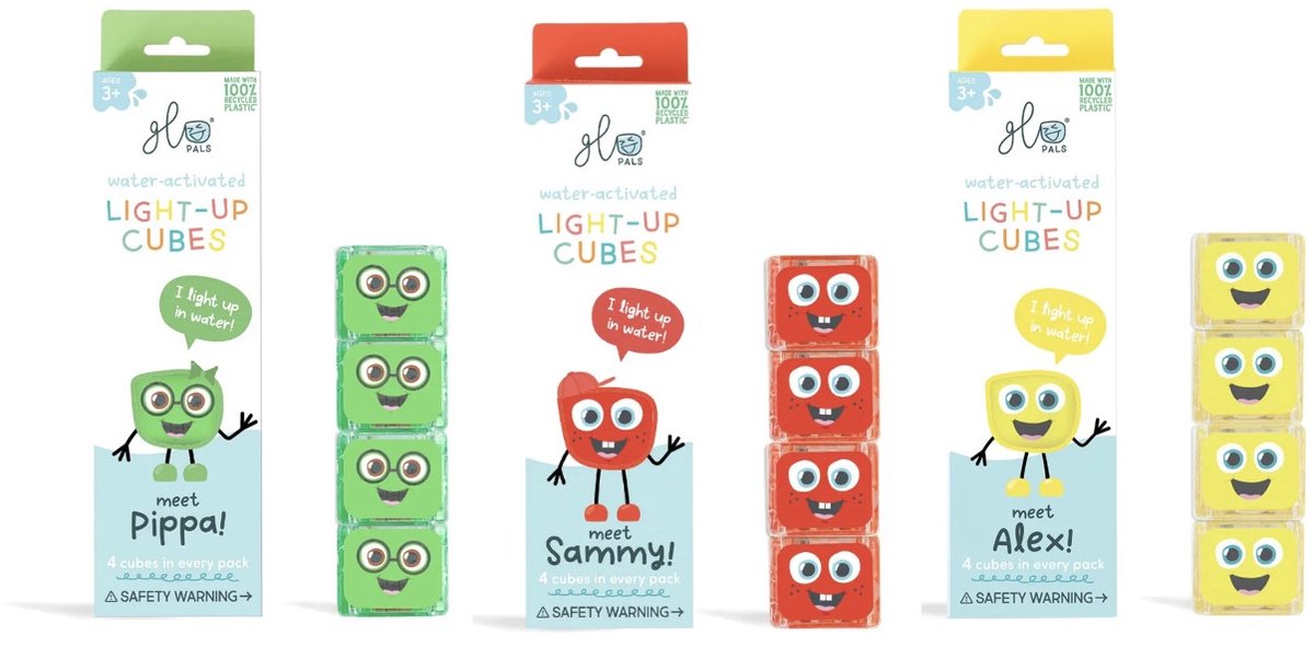 Glo Pals - Light-up cubes VOORDEELSET - Pippa - Alex - Sammy - Groen/rood/geel - Badspeelgoed - 3 pack - 12 cubes