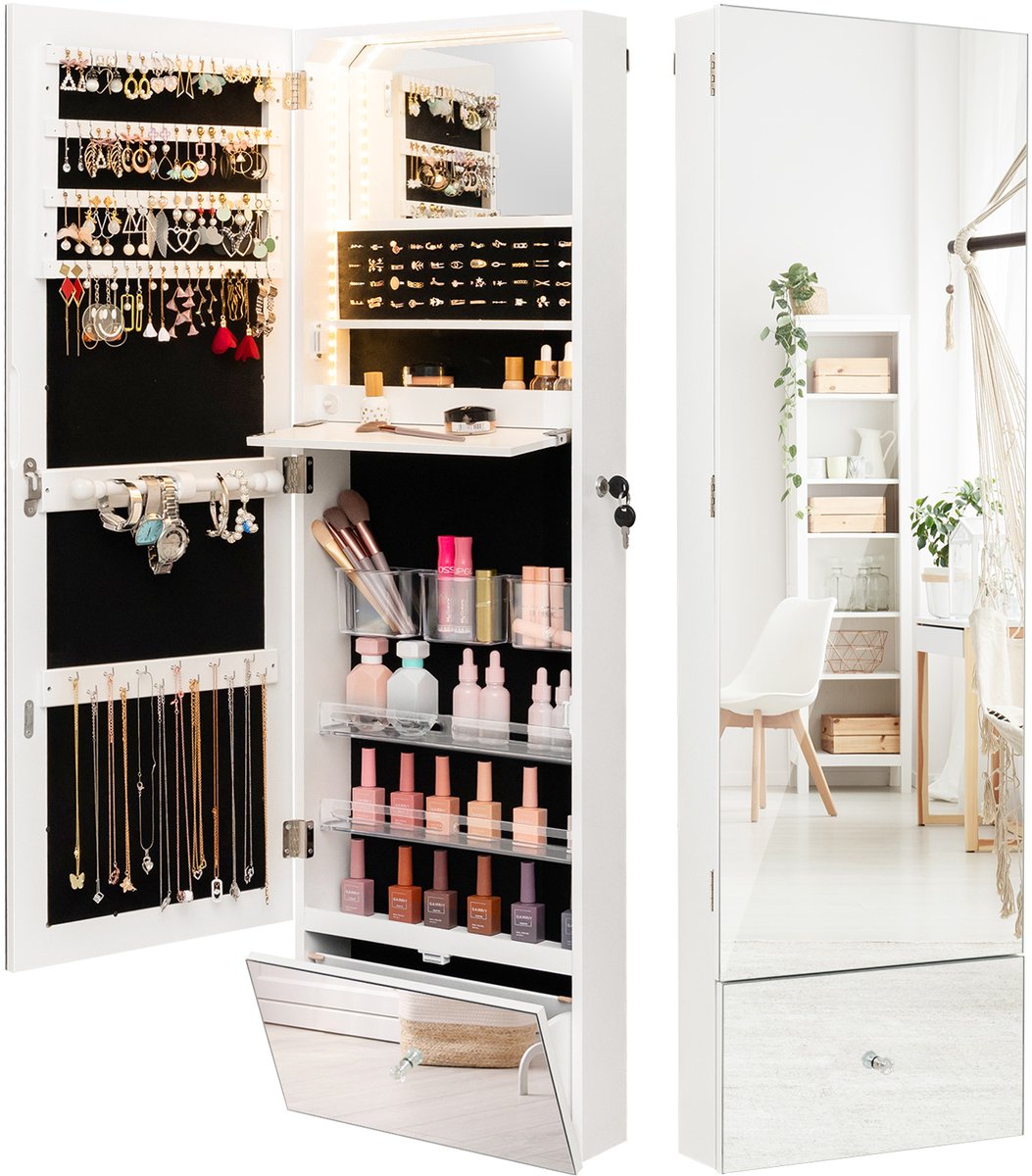 COSTWAY Sieradenkast hangend, spiegelkast afsluitbaar met ledverlichting, laden, make-upka