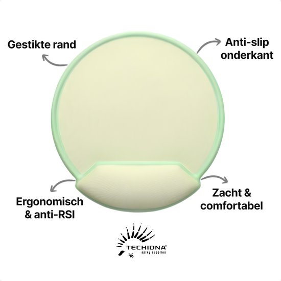 Techidna® - Ergonomische Muismat met Polssteun - Groen - Gelkussen - Antislip - Compact