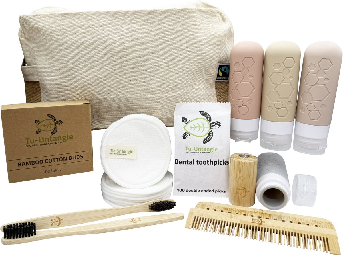 Tu-Untangle Zero Waste Reisset - 8-delig - Bamboe & Siliconen - Sand Beige - Milieuvriendelijk & Herbruikbaar