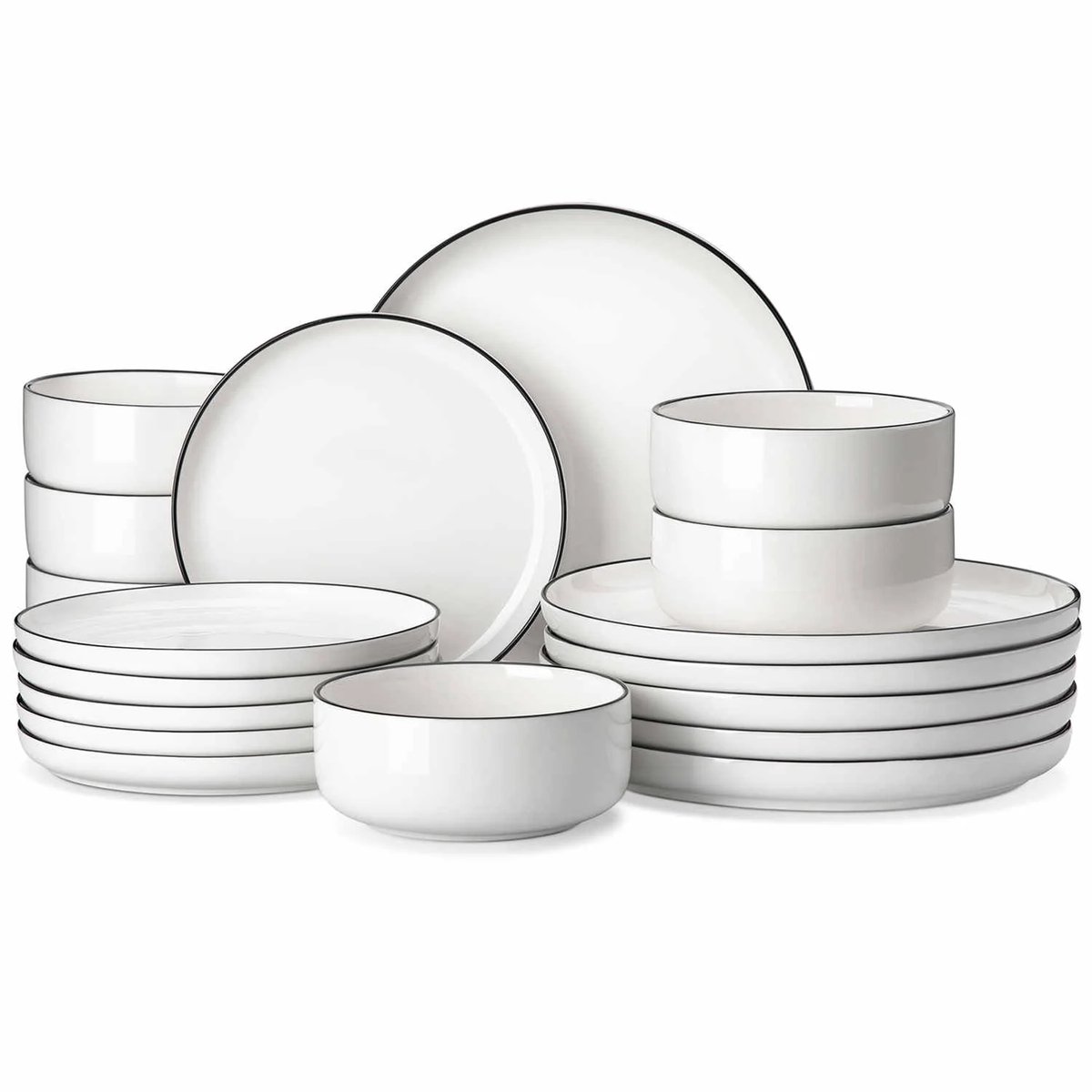 Serviesset - 6 Persoons Servies - Porselein - Dinerborden - Dessertborden - Ontbijtkommen - 18-delige Set - Wit - Zwart