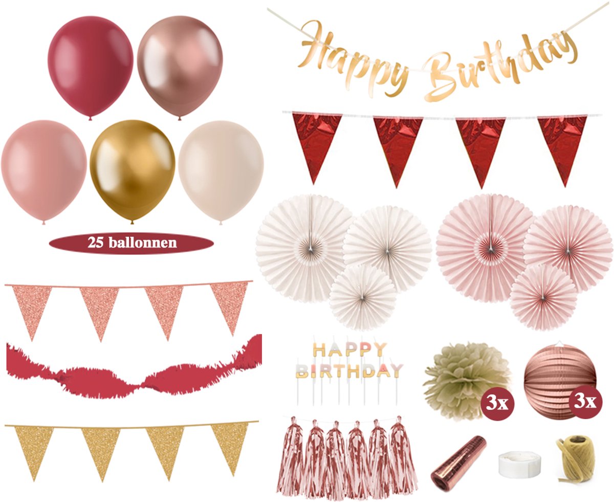 Feest zonder Fratsen - Verjaardag Versiering Pakket - Bordeaux Rood, Oud Roze, Rosé en Goud
