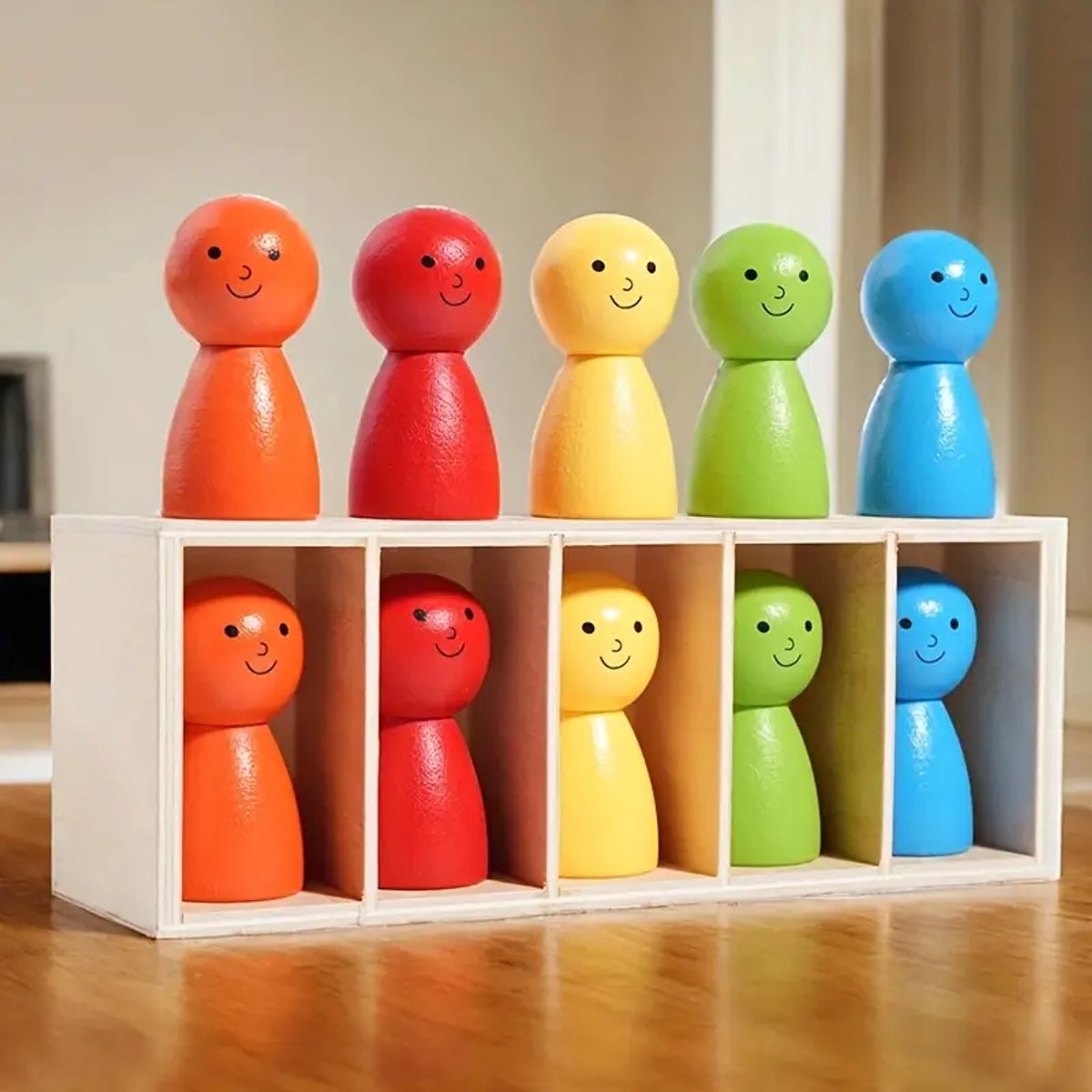 Houten Kleurenmatching Speelset – 10 Figuren & Opbergdoos – Montessori Educatief Speelgoed