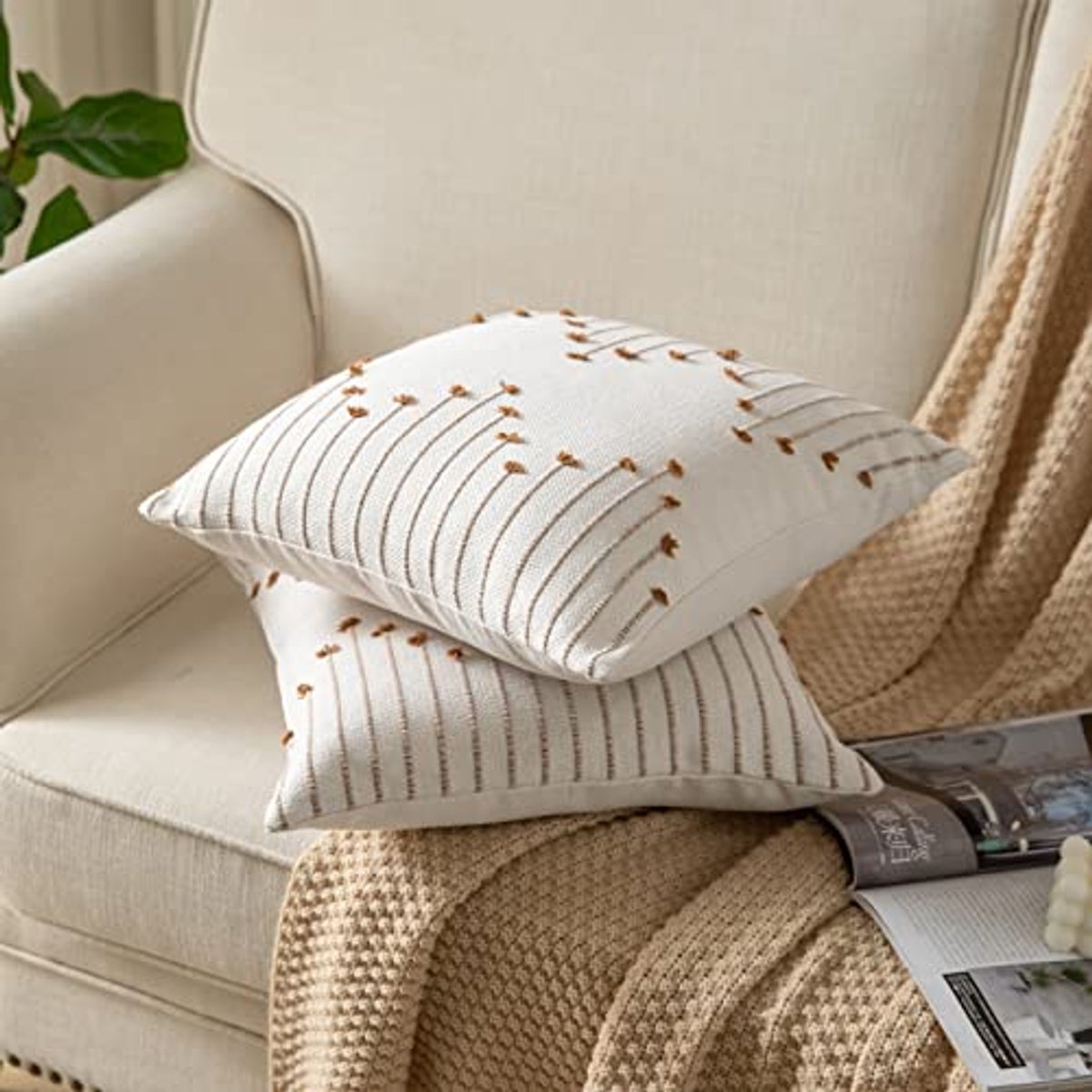 Decoratieve Boho Sierkussenslopen 18 x 18 cm - Set van 2 Neutrale Kussenhoezen voor Bed & Woonkamer