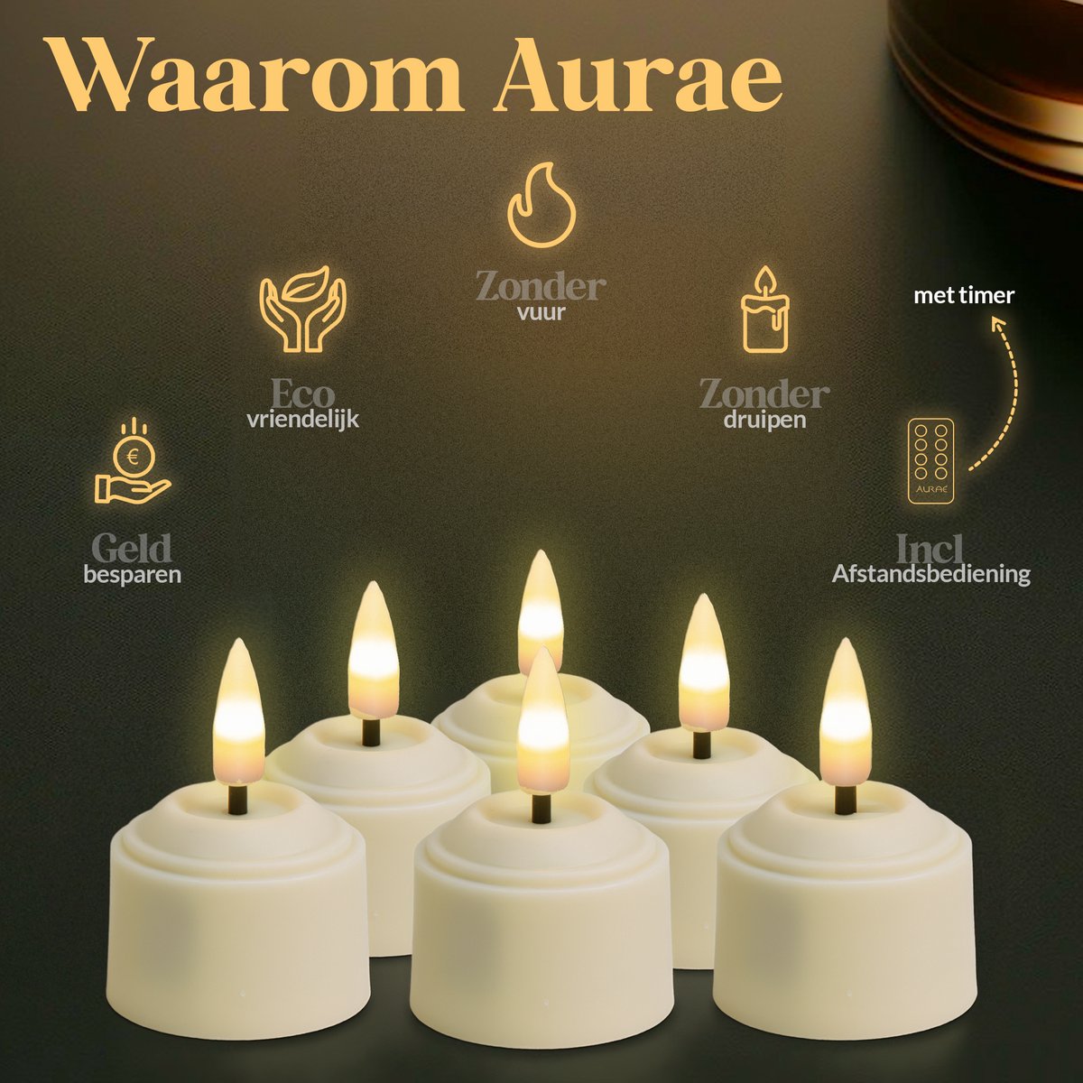Aurae Oplaadbare Waxinelichtjes 6x - Theelichtjes Oplaadbaar - 40+ Branduren - Led Kaarsen met Afstandsbediening - Flikkerende Vlam - met Lader - Kerst Kaarsen — cadeau in Wonen & Interieur - foto 3