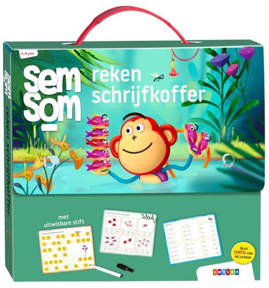 De voorkant van de 'Sem Som reken schrijfkoffer' met een vrolijke aap, vissen, en jungle-elementen. Bevat oefenkaarten en een uitwisbare stift.