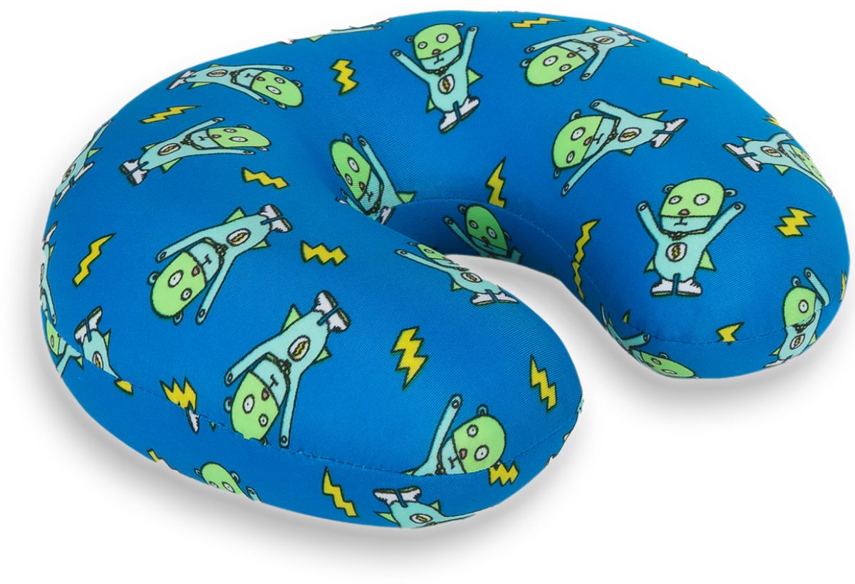 Kuschelmaxx kinder-nekkussen - Reiskussen vliegtuig - robot print - Stevig & zacht - Mooie print - Gevuld met microgranulaat - Vormvast & wasbaar - Ideaal voor op reis