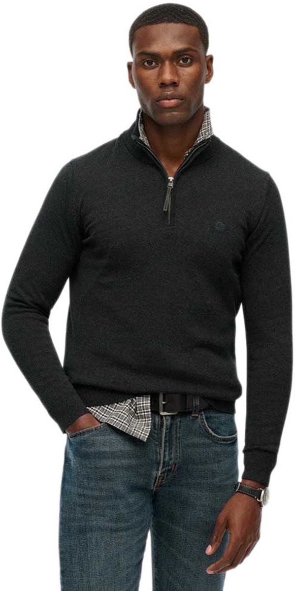 Superdry Essentials Katoenen Trui met Halve Rits Heren Sweaters Charcoal Marl