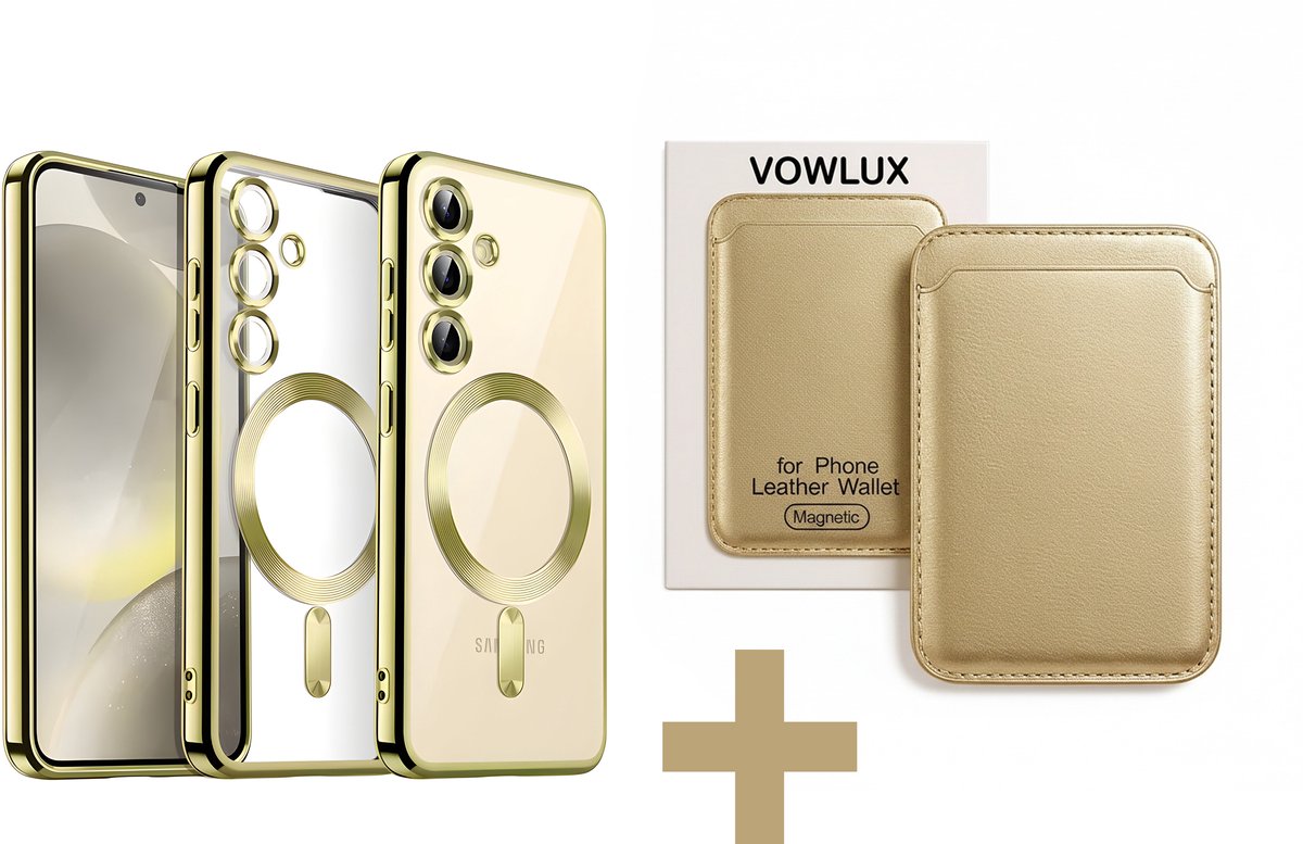 VOWLUX® Compatible Samsung Galaxy S23 Plus hoesje van schokbestendig siliconen met camera lens Protector bescherming + Compatible MagSafe QuickWallet pasjeshouder – 24 magneten extra sterk – max 3 pasjes – kunstleer – Goud