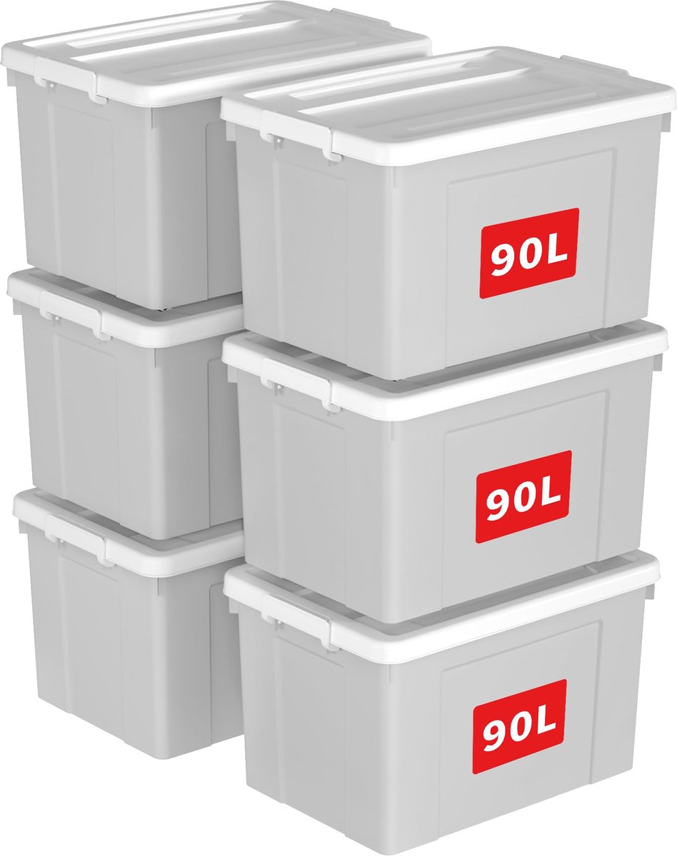 Azomor® Set van zes ruime grijze opbergboxen met deksel en beveiligde sluiting