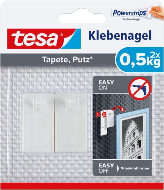 Tesa - 77772 - Clou adhésif pour papier peint et plâtre - jusqu'à 0.5kg - 13mm - transparent - 2 pièces