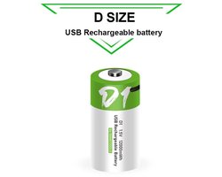 Oplaadbare Li-ion Type D Batterijen 1,5 Volt 12000 mWh met USB Type-C Kabel opladen - Duurzame Keuze - Lithium D batterij - 2 stuks