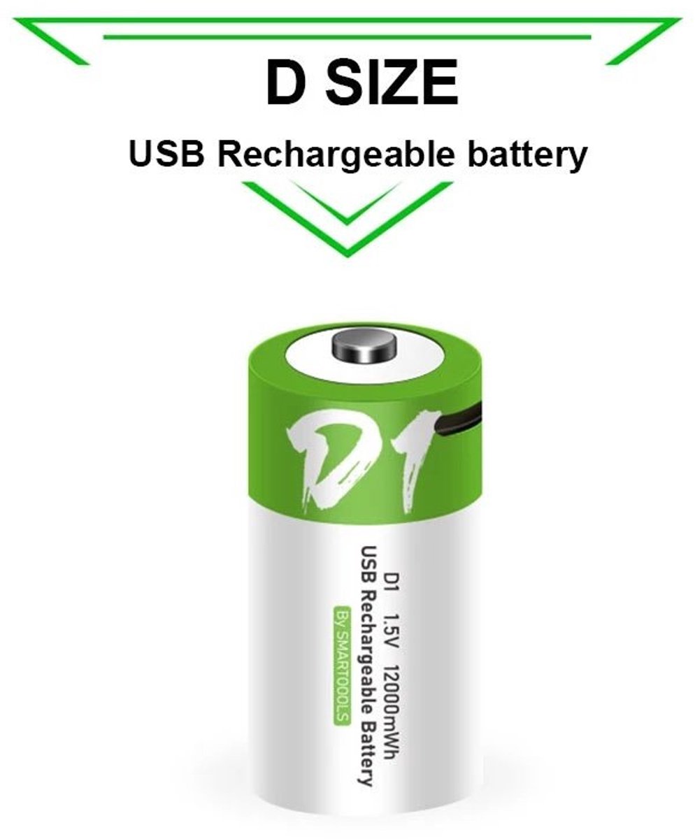Oplaadbare Li-ion Type D Batterijen 1,5 Volt 12000 mWh met USB Type-C Kabel opladen - Duurzame Keuze - Lithium D batterij - 2 stuks
