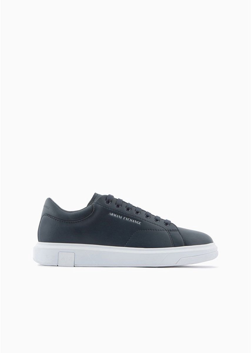 Blauwe Leren Sportieve Sneakers Met Rubberen Zool En Veters