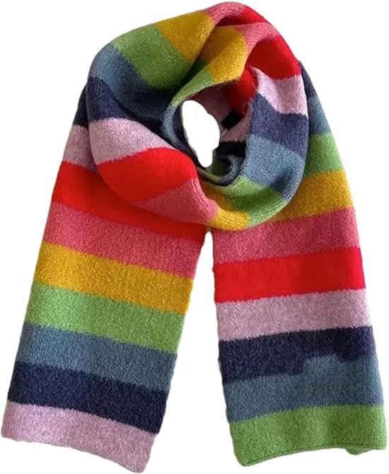1 gestreepte kleurrijke sjaal - regenboogsjaal voor dames - wintergestreepte wollen sjaal - studentenwarme korte sjaal - gebreide kleurbloksjaal - kleurblok gestreepte sjaal - rood, geel en blauw