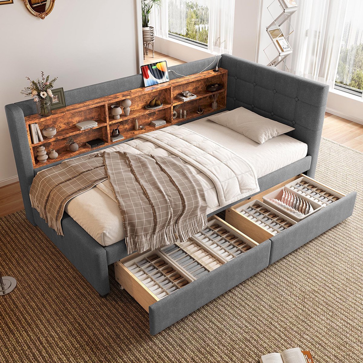 BLACKCOLORS Dagbed, 90*200 cm, dagbed, slaapbank, met 2 lades, USB + type C, meerdere opbergvakken, bed met lattenbodem (zonder matras), linnen, grijs