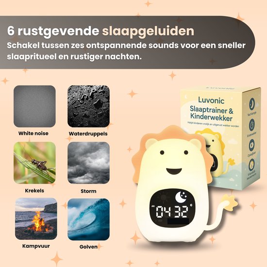 Luvonic® Slaaptrainer - Kinderwekker - Nachtlamp en Wekker - Kindvriendelijke Slaapwekker - Slaaptrainer met Led en Geluid - White Noise - 8 Verschillende Kleuren - Kind/Peuter/Kleuter - Leeuw van Luvonic — afbeelding 4