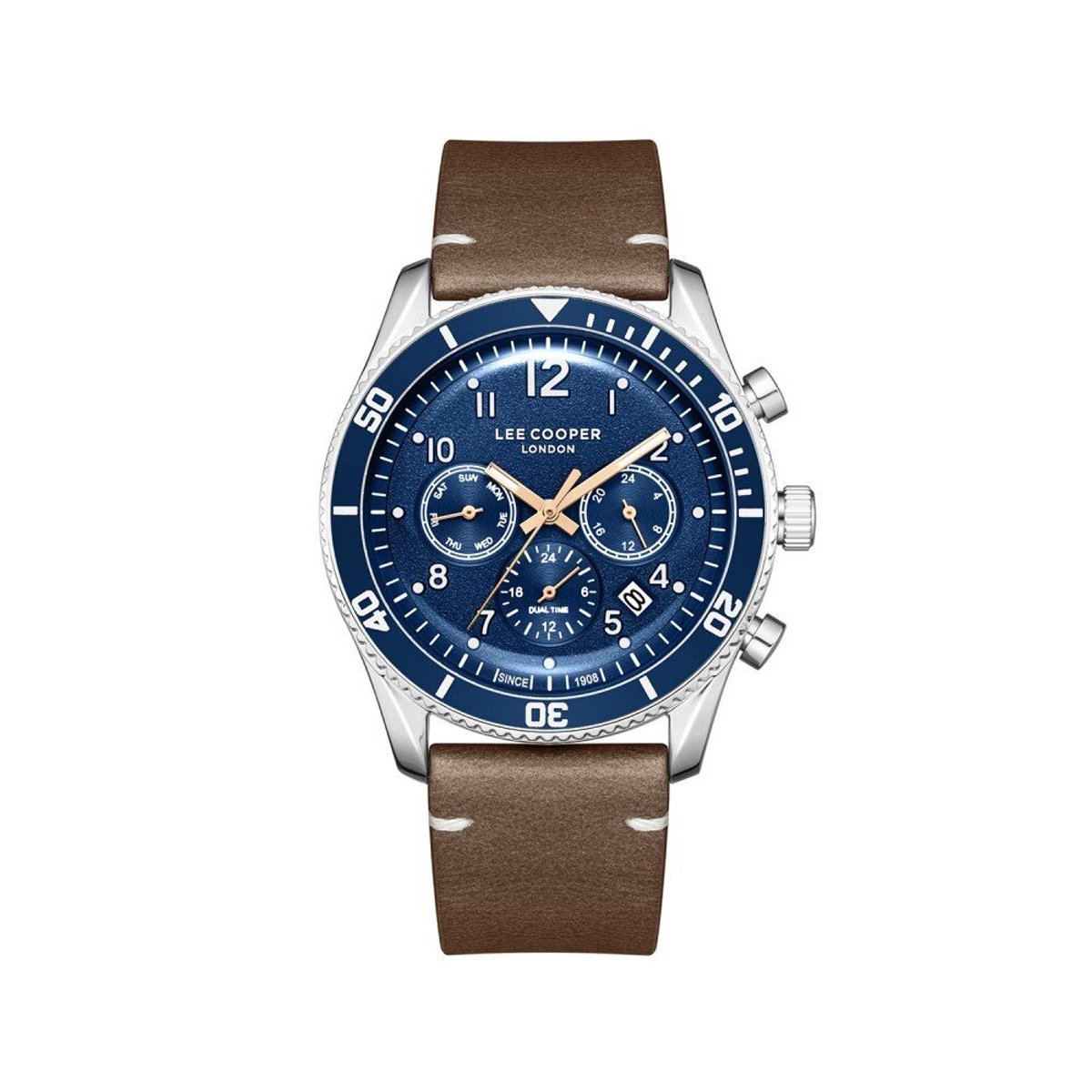 Lee Cooper LC08260.394 - Horloge - Polshorloge - Analoog - Heren - Mannen - Leren band - Metaal - Rond - Strepen- Cijfers - Stippen -Dagaanduiding - Datumaanduiding - Dual time - 12-24 - Bruin - Zilverkleurig - Rosékleurig - Donkerblauw - Zwart - Wit