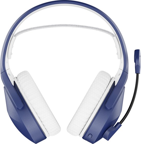 Blauw gaming headset met witte oorkussens en microfoon.