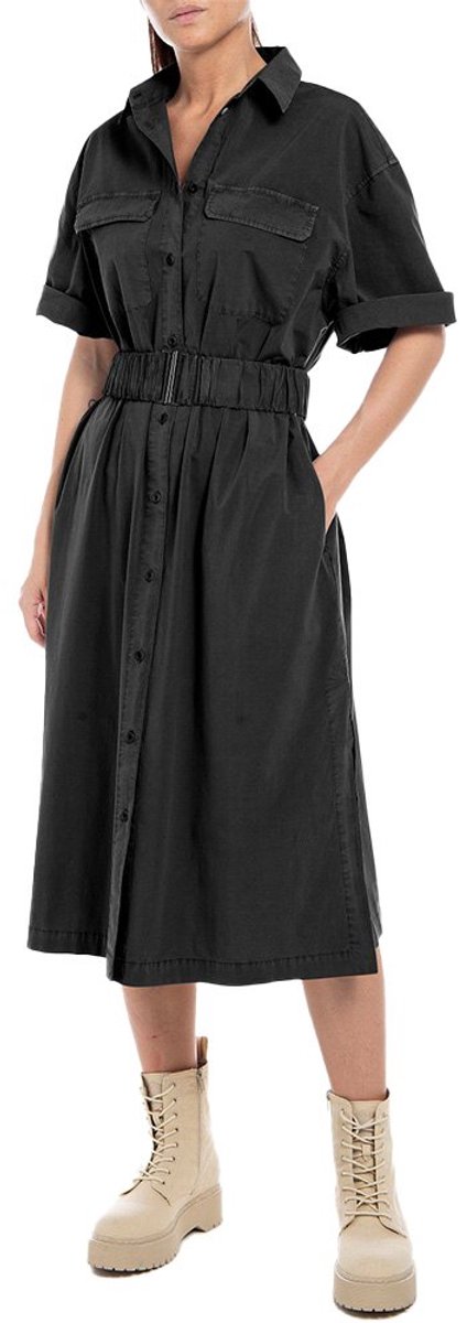 Replay W9009.000.84605g Midi-jurk Met Korte Mouwen Zwart 2XS Vrouw