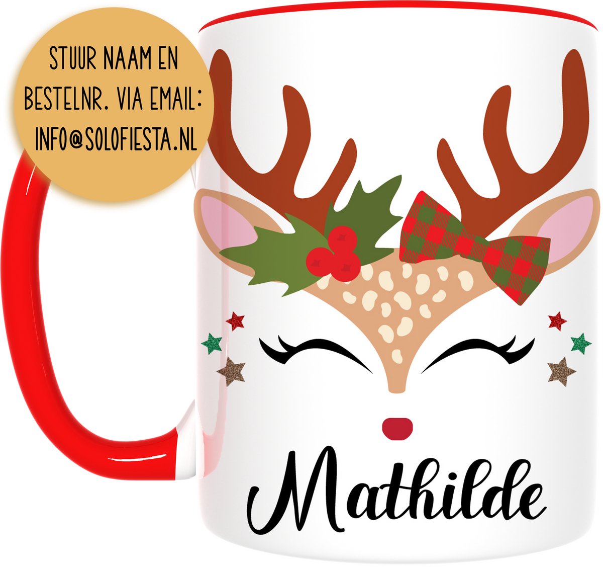 Solofiesta Kerst Rendier Serie - Mok - Met Naam - Rendiergezicht Design - Inclusief Cadeauverpakking
