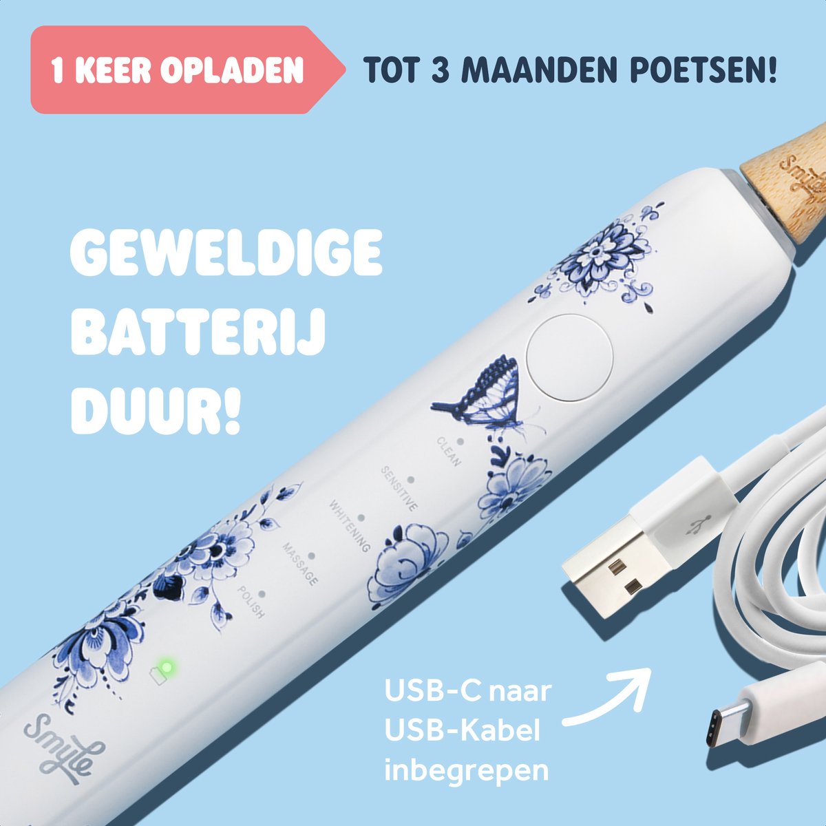 Smyle Sonische Elektrische Tandenborstel met Druksensor - Delftsblauw - afbeelding 2